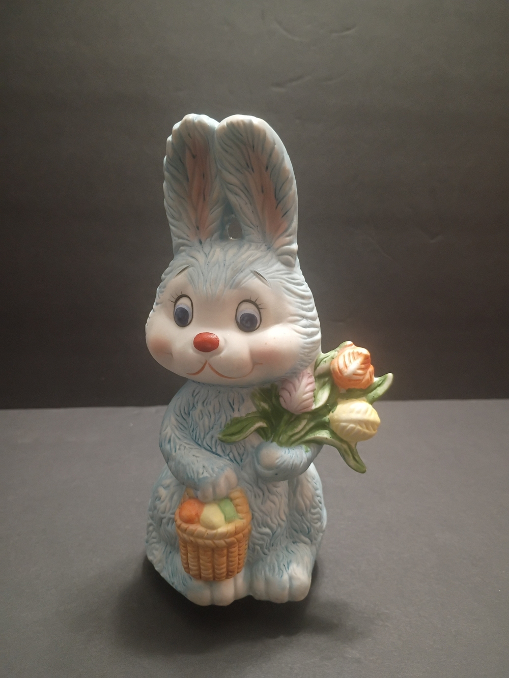 Vintage Blue Easter Bunny Figurine with Bouquet and Basket Musical Spinning